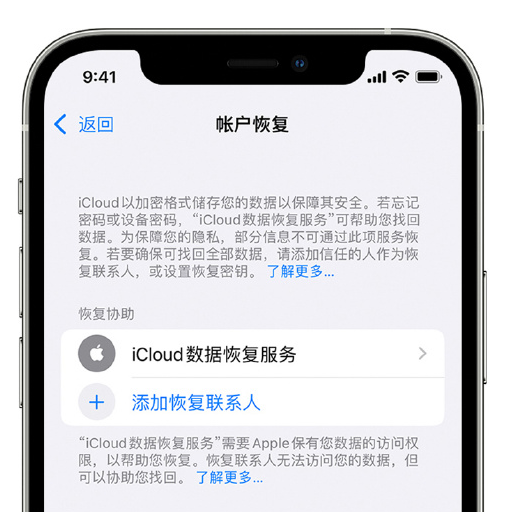 鼎湖苹果手机维修分享在 iPhone 上设置帐户恢复联系人的方法 