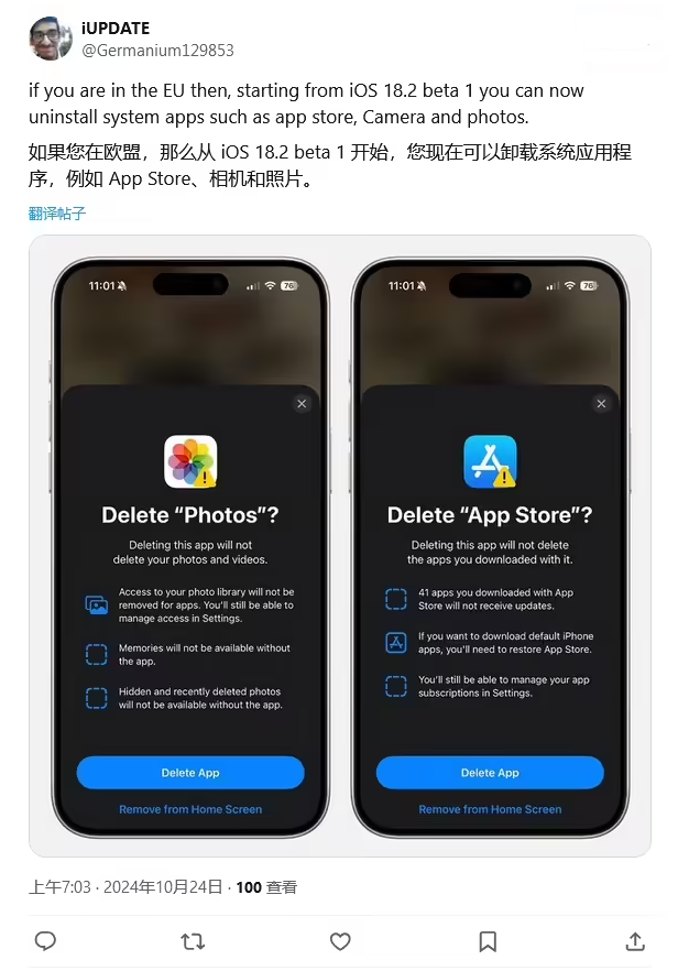 鼎湖苹果手机维修分享iOS 18.2 支持删除 App Store 应用商店 